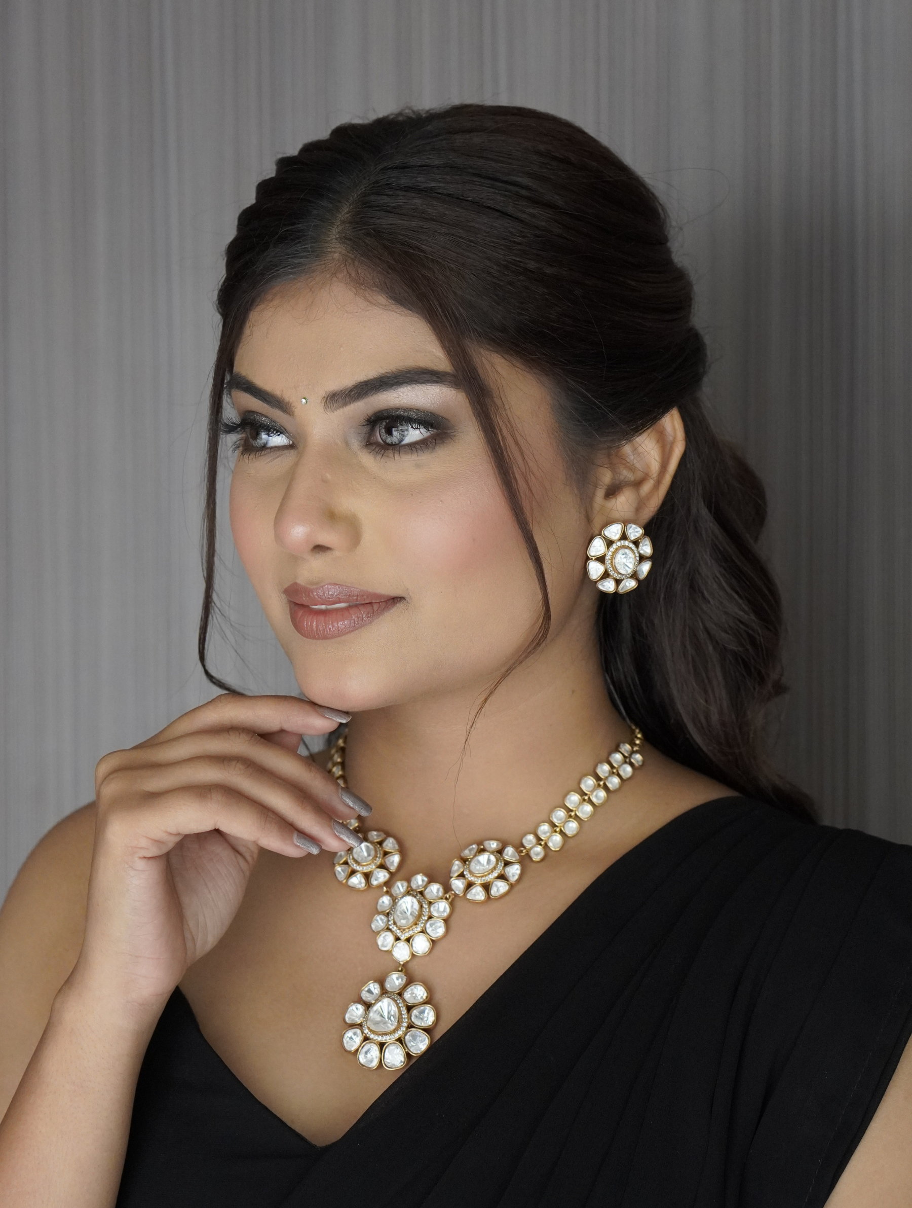 Amuukta Jewels Women's White Moissanite Neckpiece And Earring in Gold Plated Brass