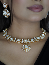 Amuukta Jewels Women's White Moissanite Neckpiece And Earring in Gold Plated Brass