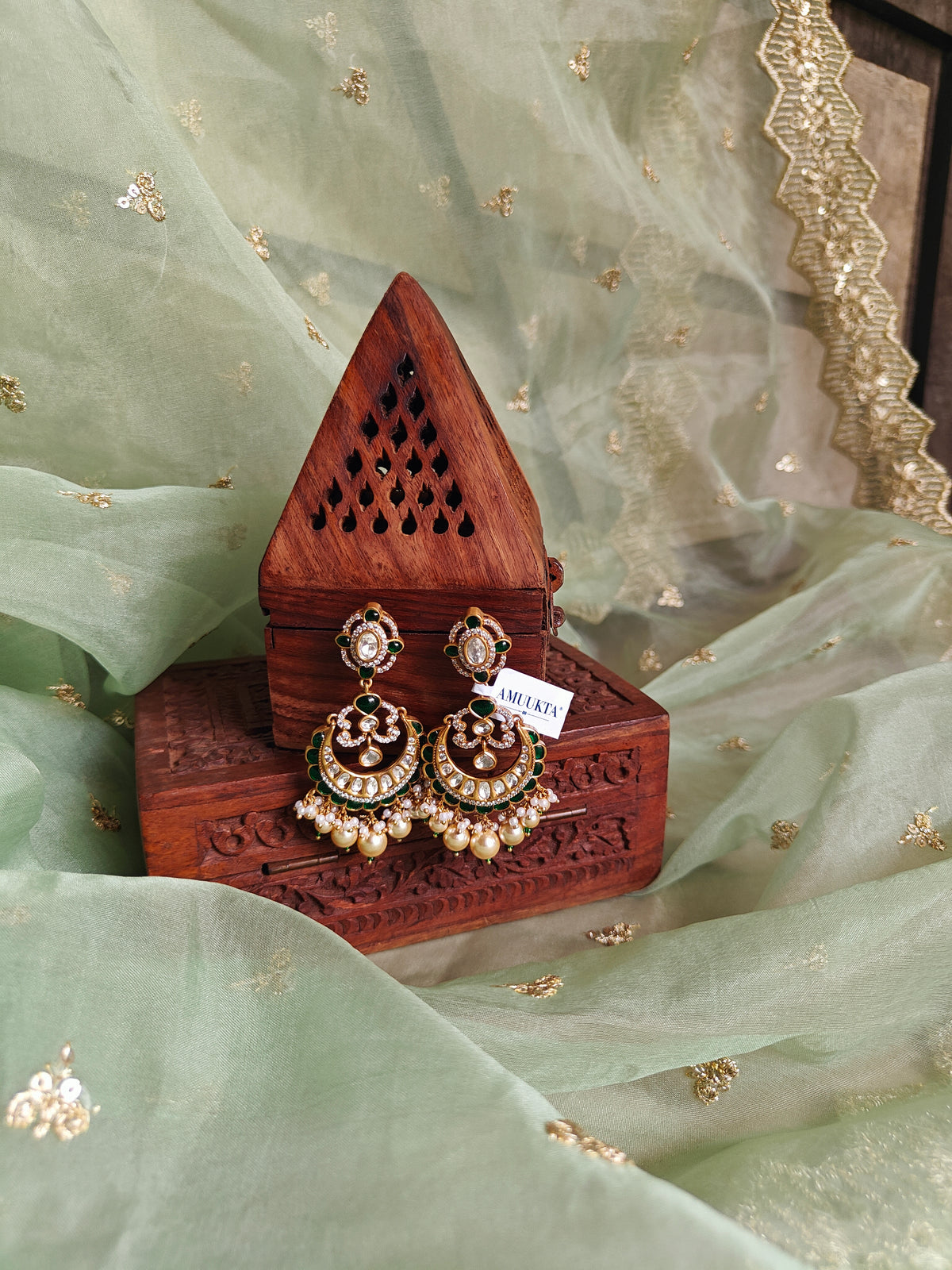 Amuukta Traditional White & Green Chandbali Earrings