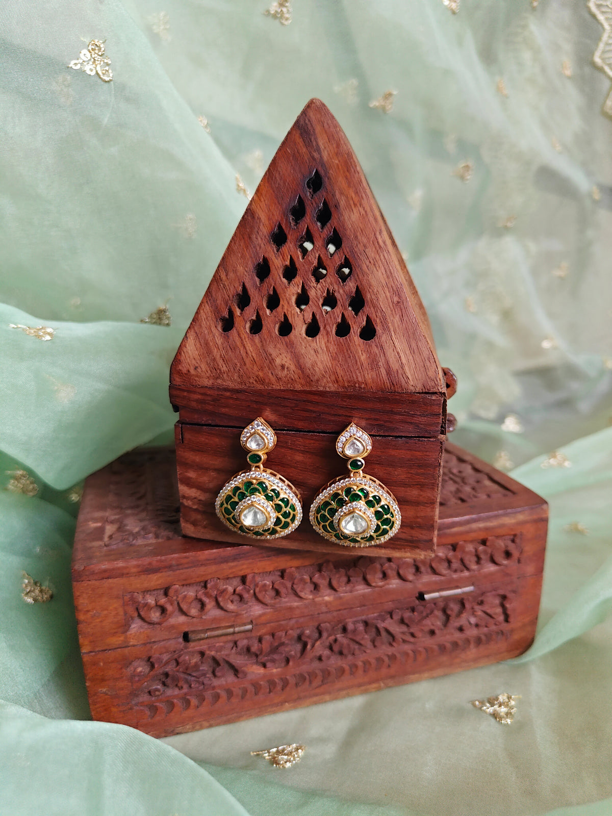 Amuukta Filigree Green Teardrop Earrings