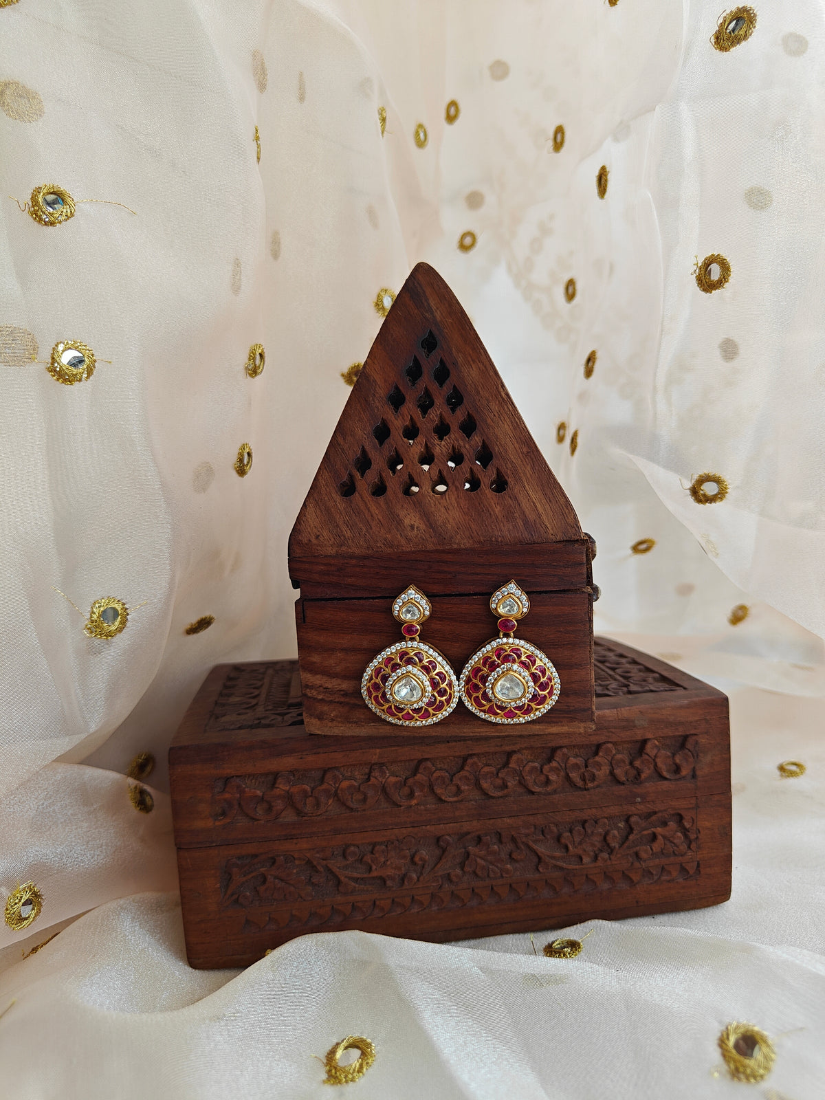 Amuukta Filigree Maroon Teardrop Earrings